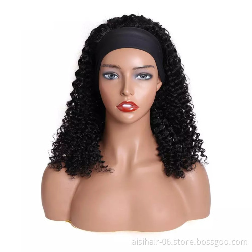 Wholesale Black 20 Inch Body Wave Cheap Black Women Raw Brazillian Real Human Hair Half Wigs With Ice Silk Headband Clipin Curly